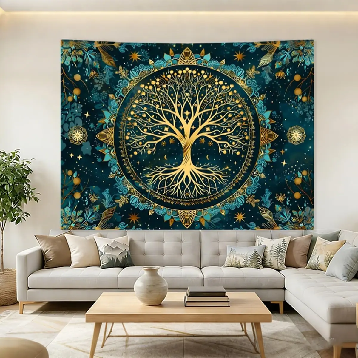 Tree of Life Tapestry, Teal and Gold Spiritual Tree Print Large Wall Hanging for Bedroom Living Room Aesthetic Home Decor
