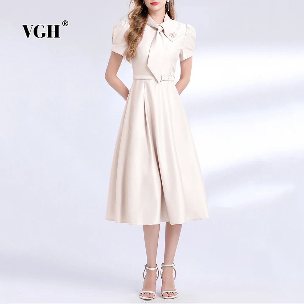 

VGH Sweet Solid Slimming Spliced Lace Up Dresses For Women Round Neck Short Sleeve High Waist Temperament Dress Female Style New