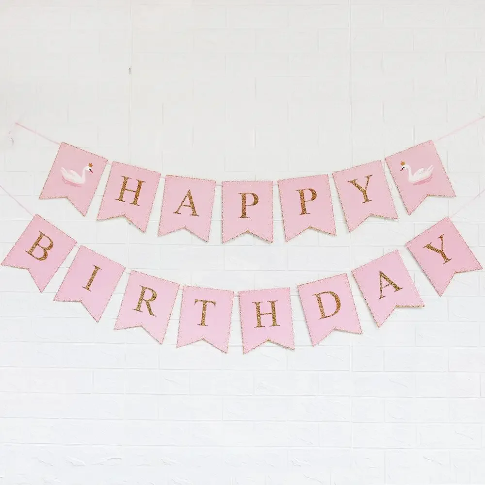 White Pink Happy Birthday Banner Decorations Baby Shower Paperboard Swan Princess Birthday Party Bunting Hanging Wall Decor