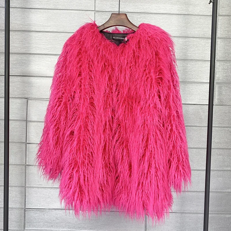 Mongolia Sheep Fur Women Medium Long Coat Jacket Colorful Warm Faux Fur Plush Coats Female Jacket Autumn Winter Furry Outerwear