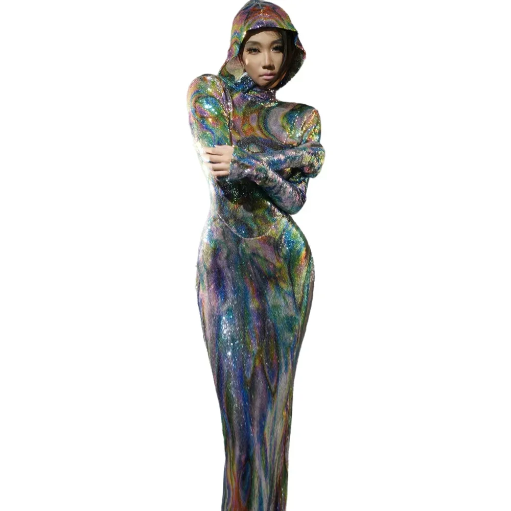 Sparkle Multicolor Women Long Dress Jumpsuit Hat 2024 Fashion Women Sexy Party Prom Club Evening Dress Singer Stage Show Wear