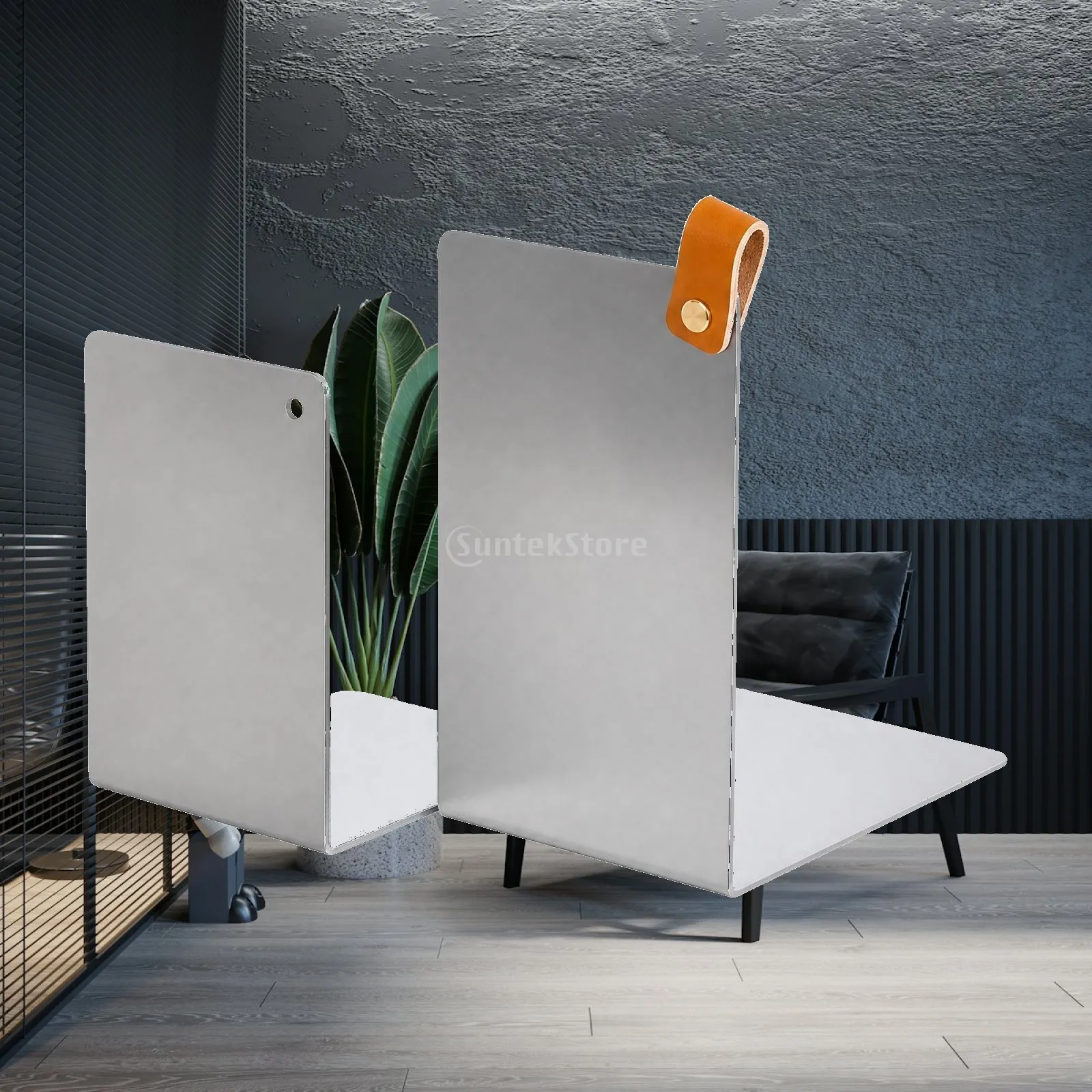 Minimalist Metal Book Shelf Supports for Desk Book Organization with Brown Loop Fastener Bookshelf Accessories