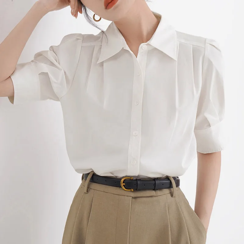 

Summer Puff Sleeve White Women's Blouses 2025 New Single Breasted Elagant Korean Office Lady Casual Loose Shirts Female