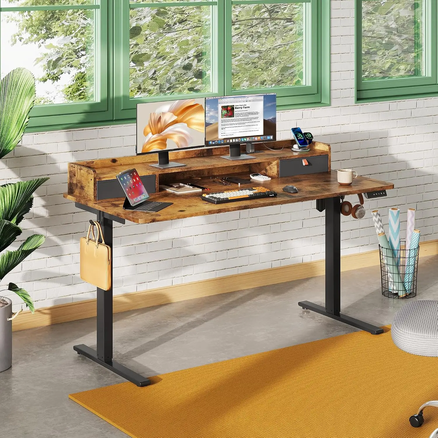 55 Inch Standing Desk with Shelf, Workstation, LED Touchscreen, Headphone Hook, 3 Memory Preset, Home Office, Rustic Brown, Cust