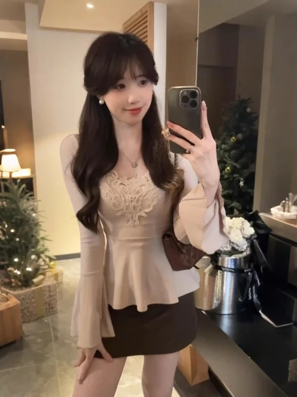 

Женская осенне-зимняя футболка-топ больших размеров Pure Desire, сексуальная, с V-образным вырезом, цвет хаки, длинный рукав, кружевная отделка, может носиться как базовая одежда...