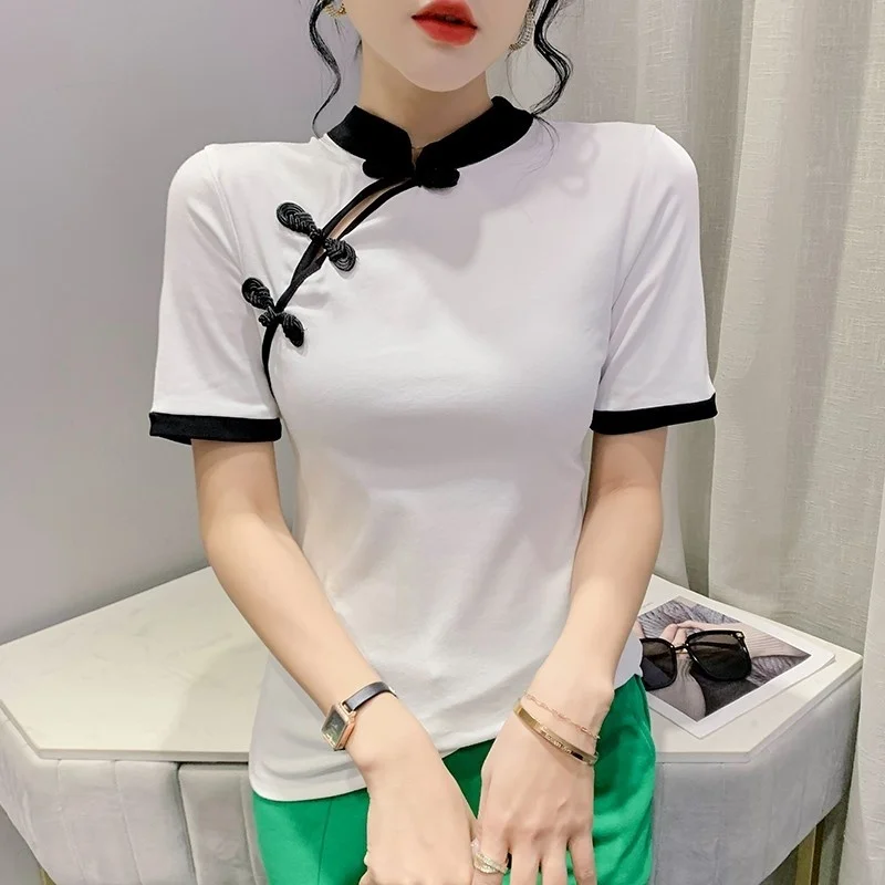 #5102 Black White T Shirt Women Stand Collar Cotton Chinese Style Vintage Top Buttons Skinny T Shirt Female Short Sleeves Summer