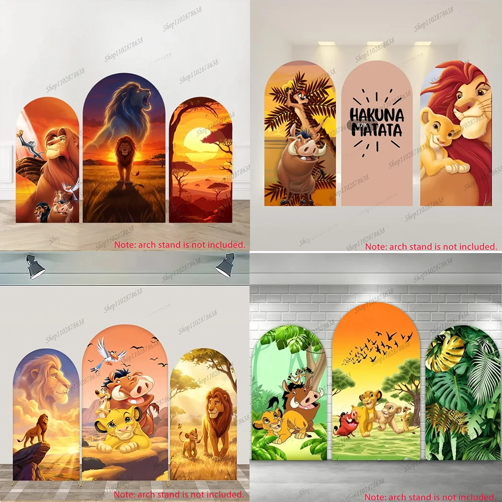 Funda de arco de El Rey León de spandex Hakuna Matata Timon Pumbaa Rafiki Simba, telón de fondo para baby shower y cumpleaños de El Rey León