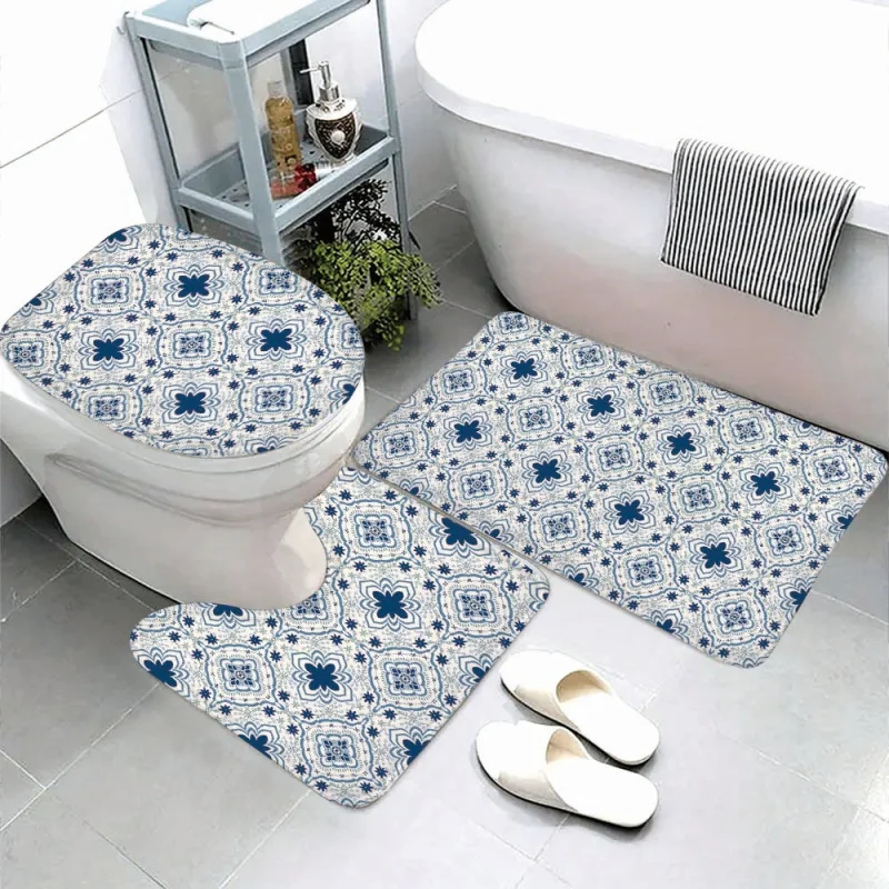 Vintage blue floral pattern 3-piece bathroom rug set-knit fabric, non-slip, absorbent bath mat, toilet lid cover, U-shaped Flo