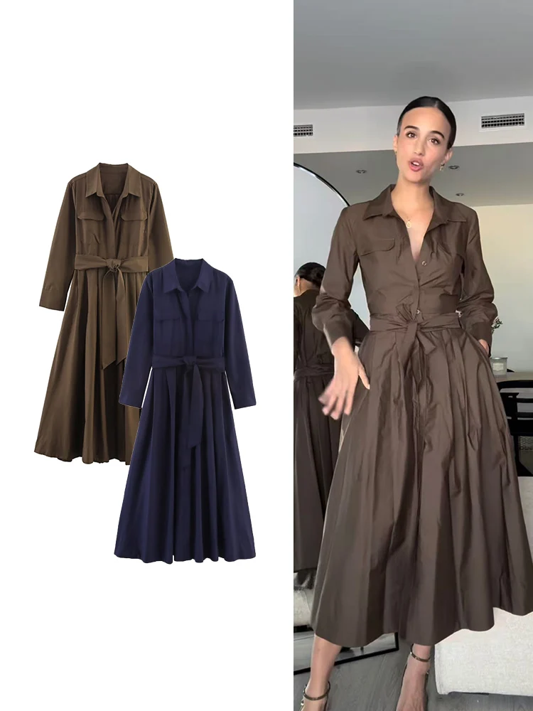 Vestidos largos elegantes con cinturón y cuello de solapa para mujer, vestido camisero informal de manga larga con una botonadura, ropa de calle OL lisa 2025
