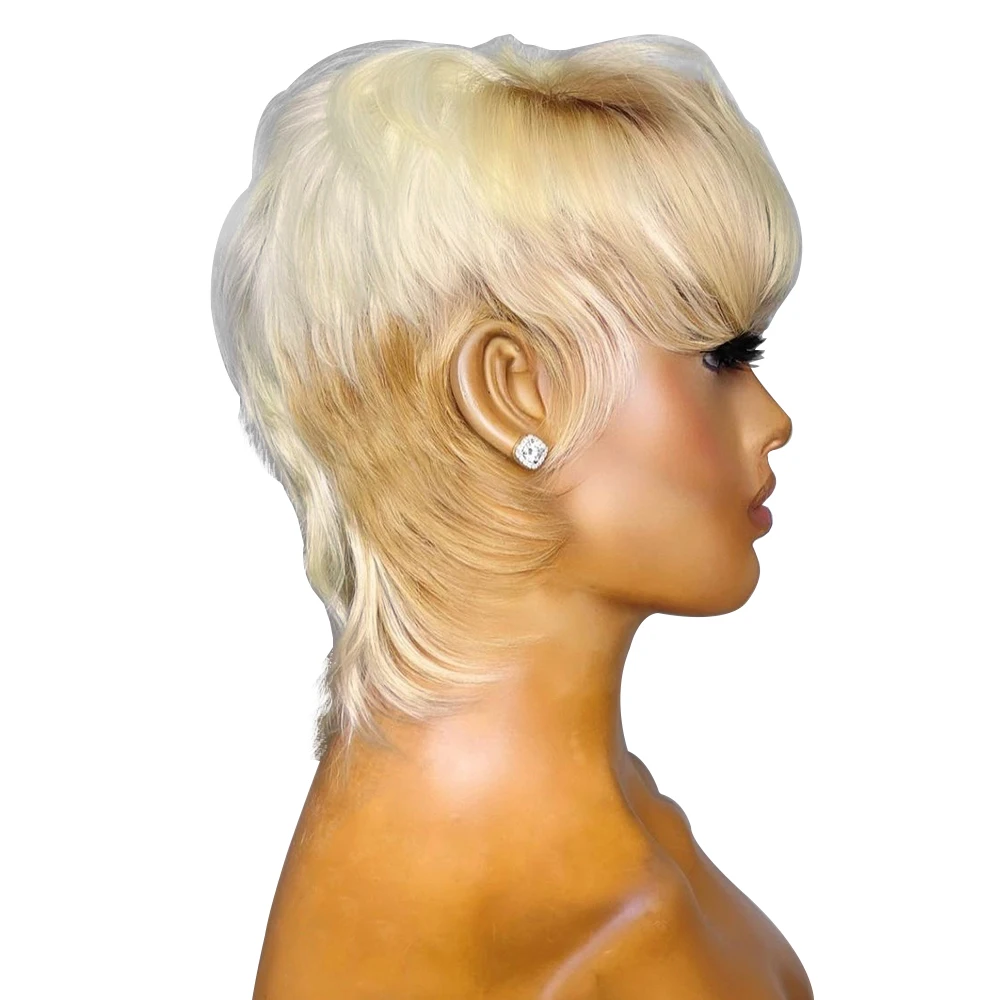 Blonde Human Hair Mullet Wig Brazilian Remy Straight 613 Hair Wigs With Bangs full Machine Made Wig Short Pixie Cut Cheap Wigs