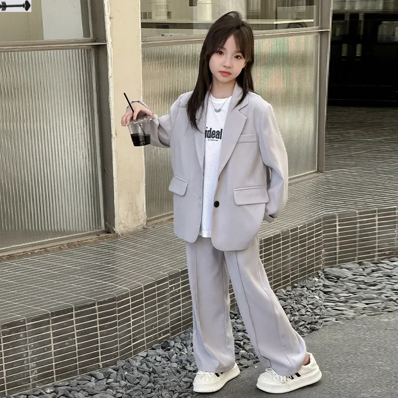 School Teen Kids Suit Fashion Grey Loose Blazer Wide Leg Pants Two Pieces Children Costume 10 12 14 Years Casual Kids Clothes