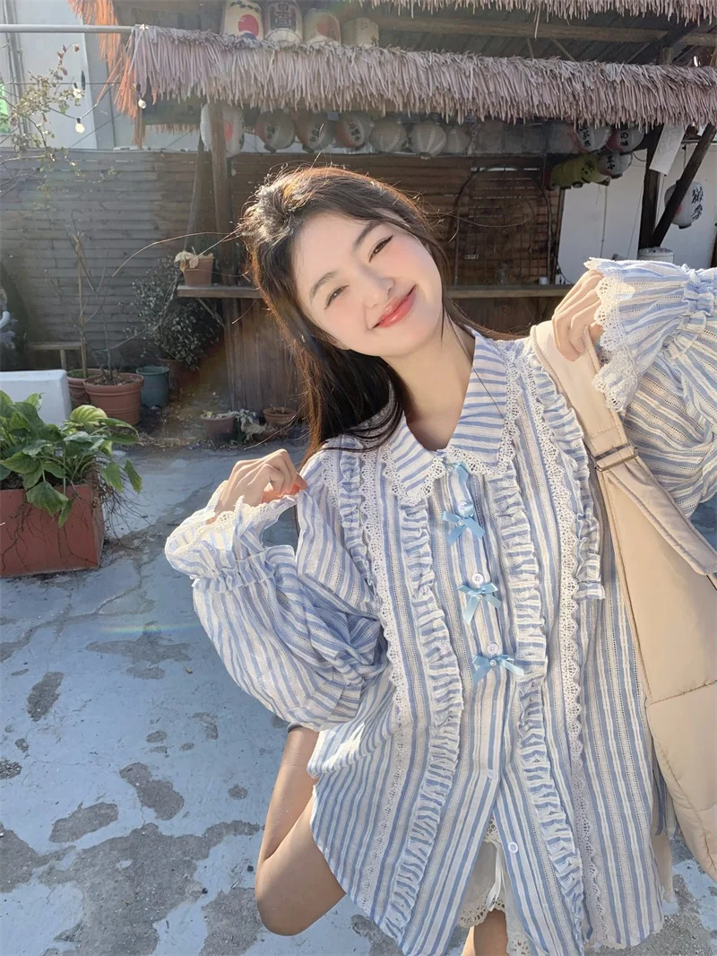 

Kumikumi Lace Patchwork Long Sleeve Shirt Women's Spring Anti-Aging Knot Loose Collar Top Korean Style Commute Wind