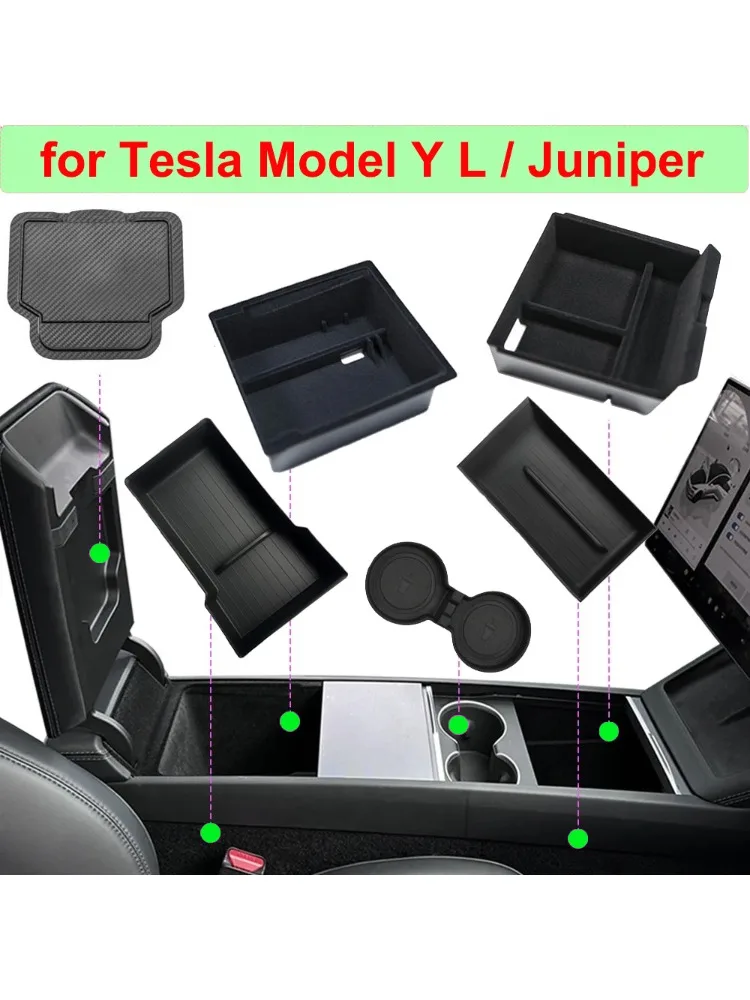 Akcesoria do Tesla Model Y L 2026, organizer do konsoli środkowej z flokowanym wykończeniem, schowek, mata pod kubek do samochodu YL Juniper, organizery do schowka w podłokietniku. — 2