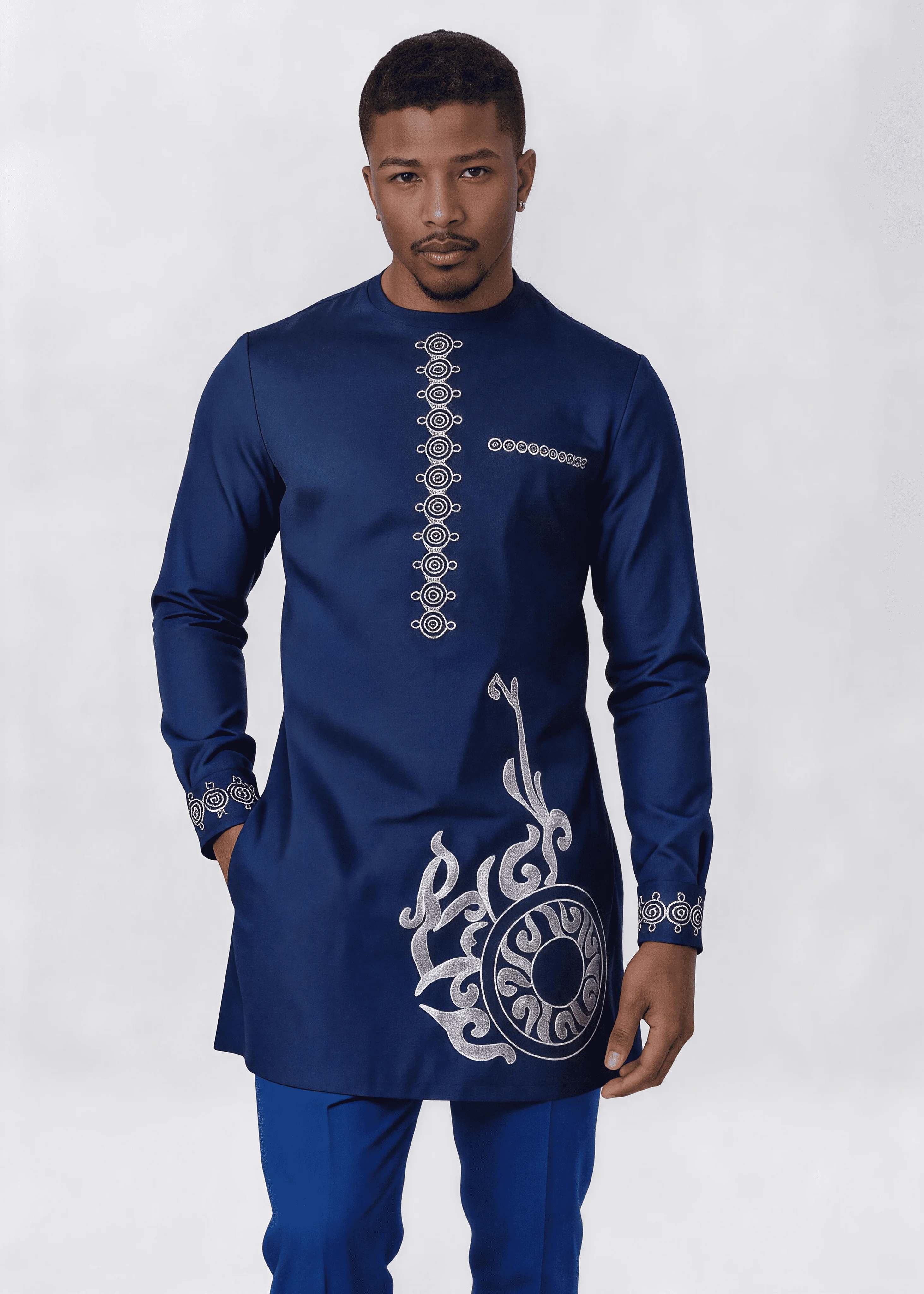 Men African Dashiki 2‑Piece Outfit, Silver Embroidery Long Sleeve Tunic Top & Matching Pants, Traditional Wedding Party Suit