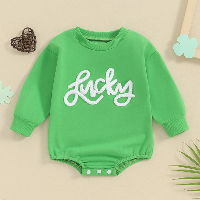 

2023-12-07 Lioraitiin 0-24M Baby Girls Boys Irish Day Romper Long Sleeve Crew Neck Letter Embroidery Casual Romper