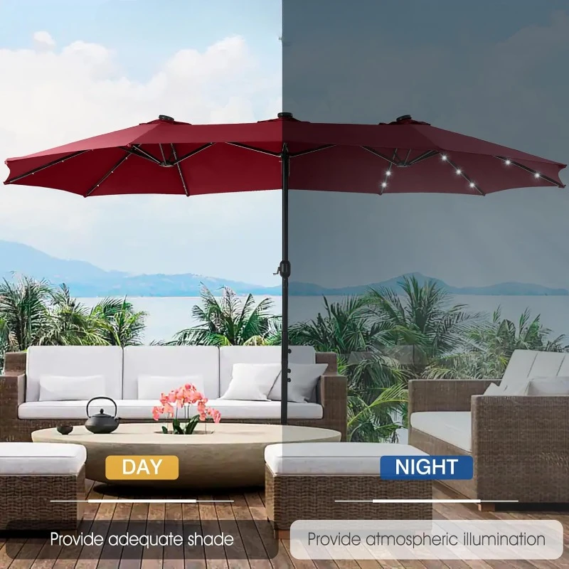 15 ft Extra Large Patio Umbrella with Solar Lights, Rectangular Outdoor Umbrella with Base Included, Market Umbrella