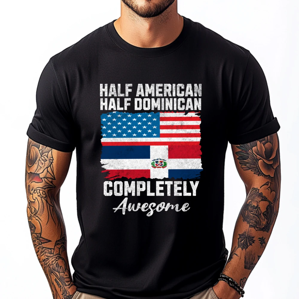 Half Dominican And American Dominicana Republic Flag Vintage Grey Shirt Graphic Tee Comfortable Men's Clothes Tops T Shirt