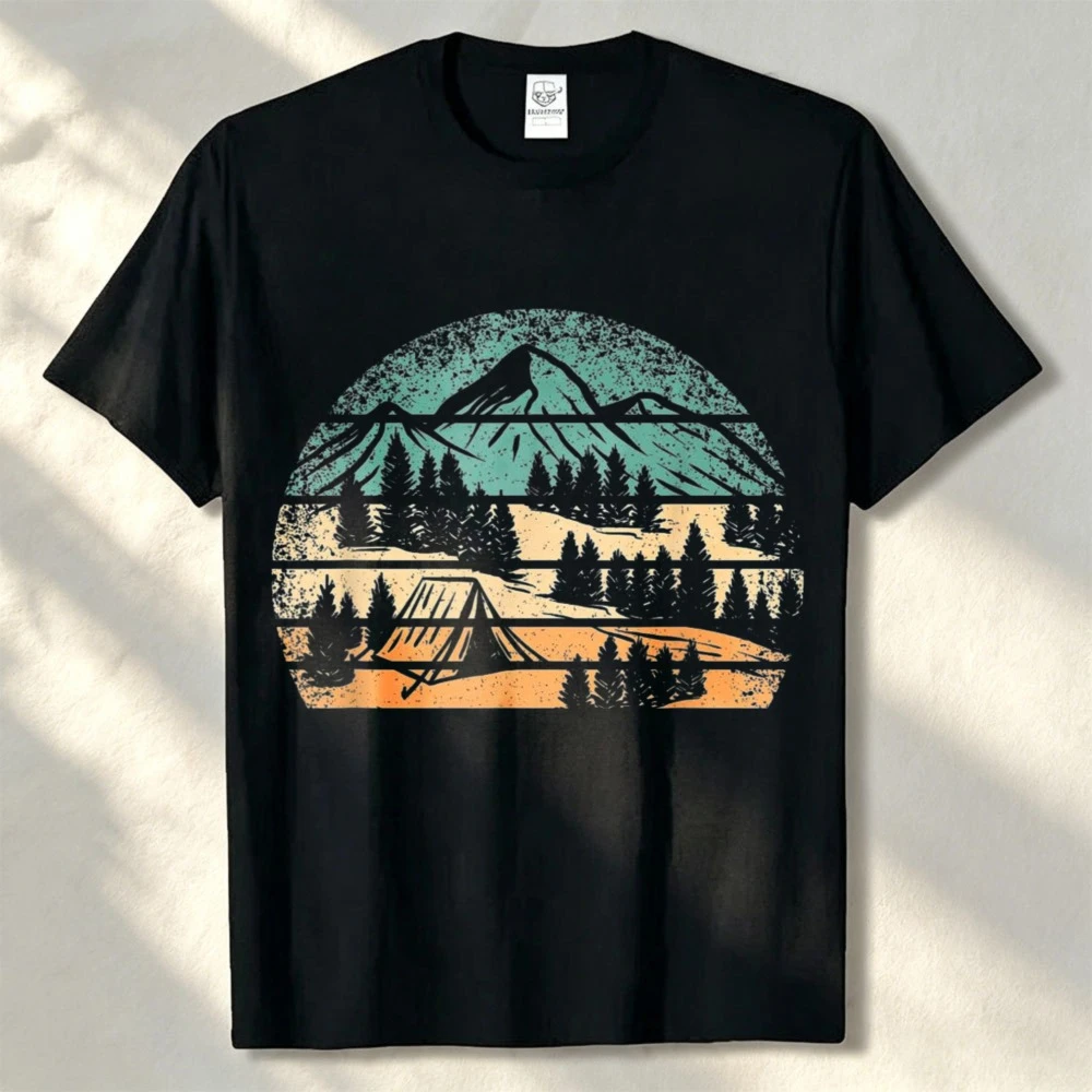 Retro Camping Outdoor Nature Mountain Camper Hiking Men T-Shirt Funny Outdoors High Quality Cotton Short-sleev Breathable Tees