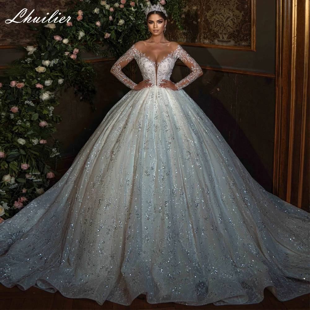 Lhuillier Ball Gown Lace Wedding Dresses Luxury Princess Beaded Full Sleeves Bridal Dress with Cathedral Train