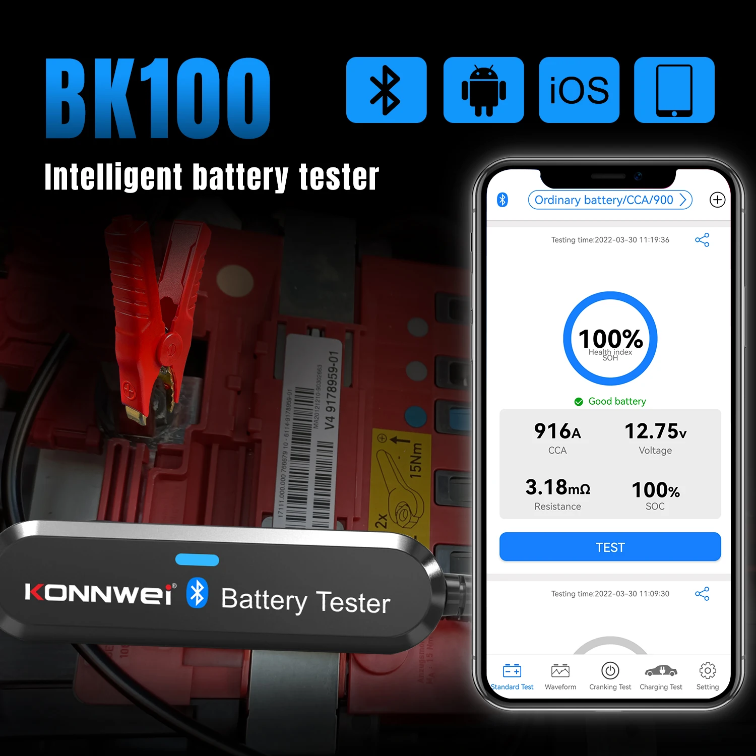 KONNWEI BK200 BK100 6V-12V-24V Car Battery Tester  Bluetooth App Control for Monitoring Charging Tests Car Battery Scanning Tool - view 3