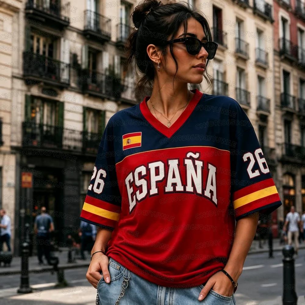 Summer Women's Men's Spain Print V-Neck Short Sleeve T-Shirt Graphic Tee Jerseys Plus Size Sport T-Shirt Soccer Fans
