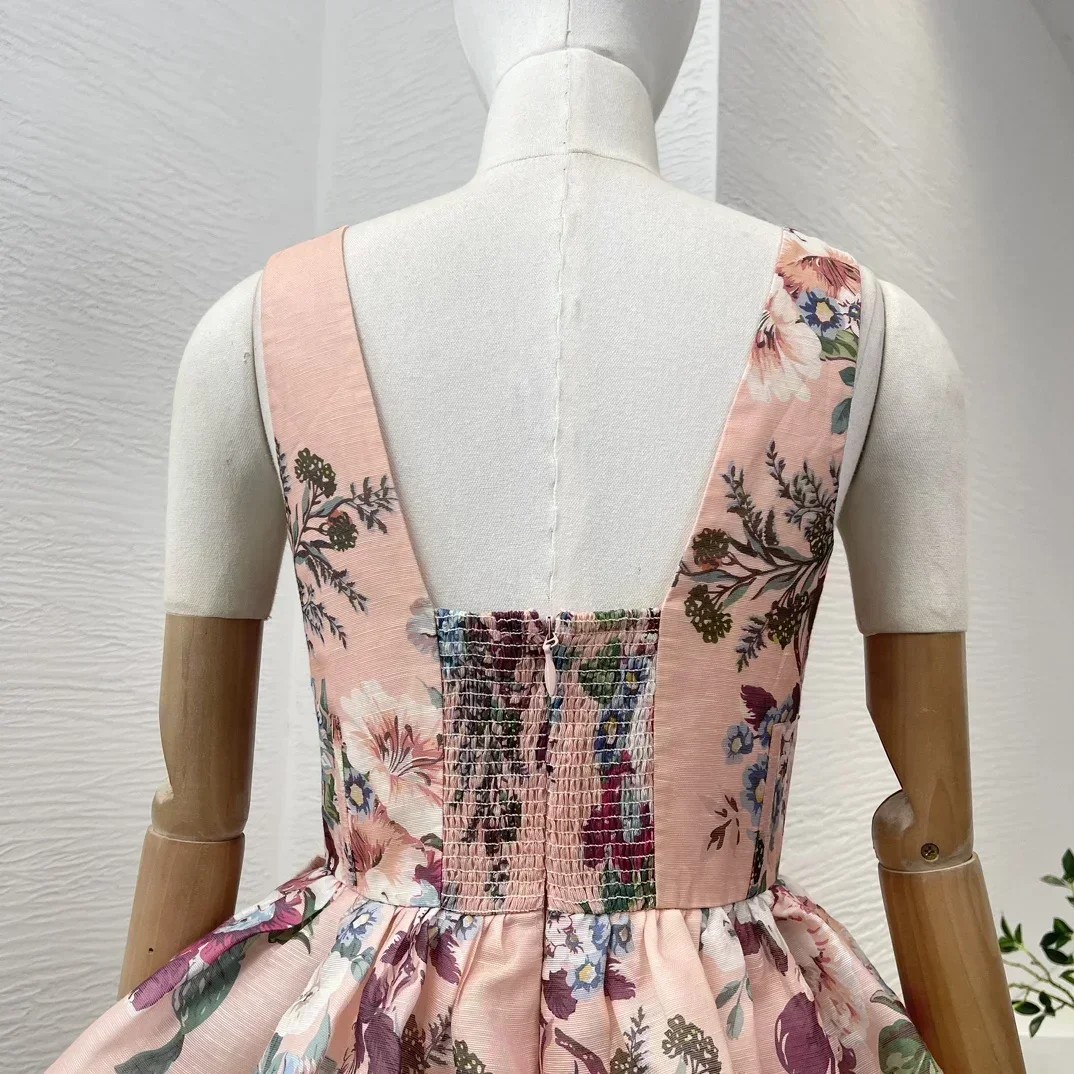 Nueva colección de minivestido rosa sin mangas con estampado Floral y tirantes fijos drapeados con corpiño unido de alta calidad para mujer