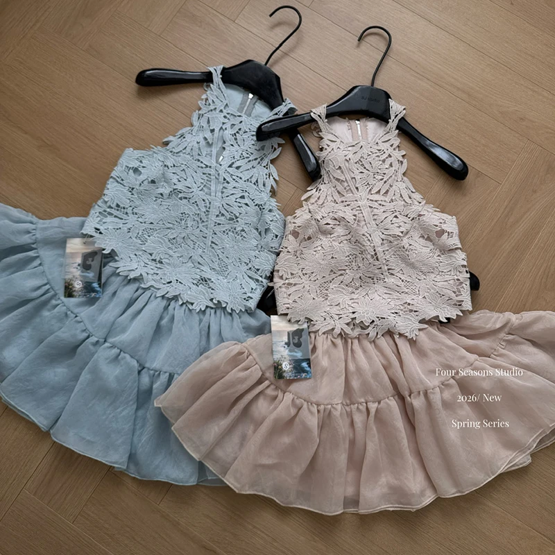 여름 레이스 속이 비치는 투피스 탑과 스커트 세트 한국 패션 캐미솔 민소매 크롭 탑 신축성 있는 허리 스커트 슈트