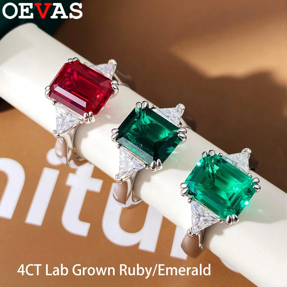 OEVAS 8*10mm 4ct Lab Grown Ruby/Colombian Emerald Ring S925 Sterling Silver Inlay Moissanite For Women Fine Jewelry