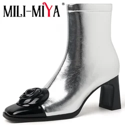 MILI-MIYA Genuine Leather Side Zip Square Toe Thick High Heels Women Ankle Boots Nightclub Fashion Vacation Elegant Dress Shoes