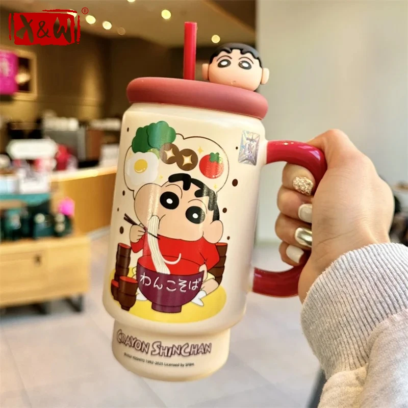 X&W Crayon Shin-Chan Ceramics Water Cup 600ml Cartoon Straw Cup with Lid Home Office Drinking Water Cup Milk Juice Cup Girl Gift