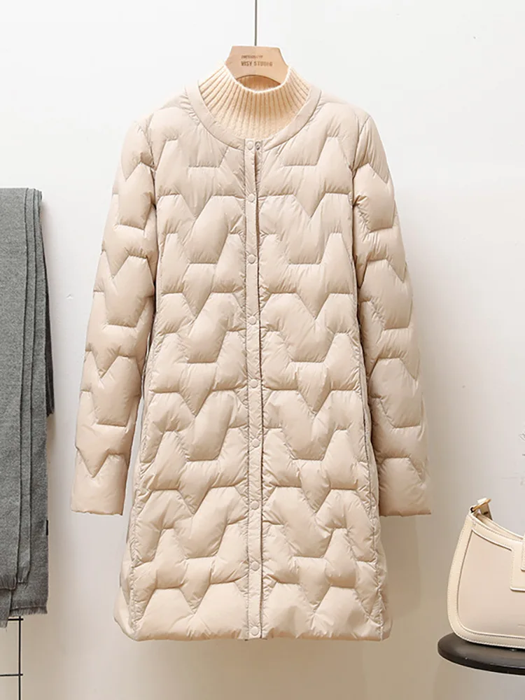 Women Down Coat Light Thin Portable White Duck Down Jacket Mid Length Round Neck Korean Collarless Inner Layer Coat for Autumn