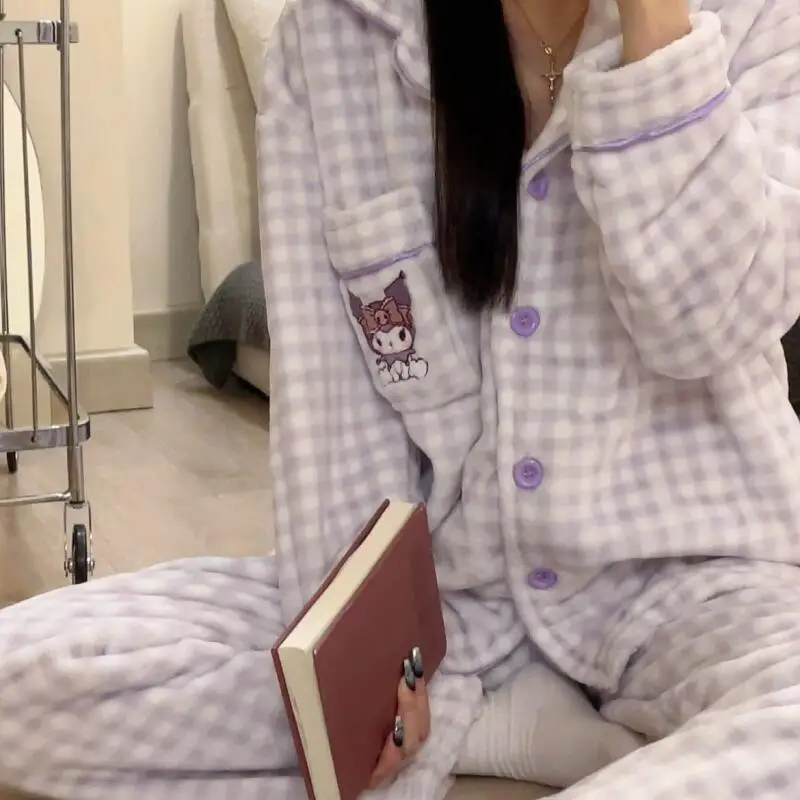

Милые пижамы Hello Kitty, аниме Kuromi Pochacco, плюшевая домашняя одежда с героями мультфильмов, кавайная женская фланелевая домашняя одежда, теплая ночная рубашка для девочек