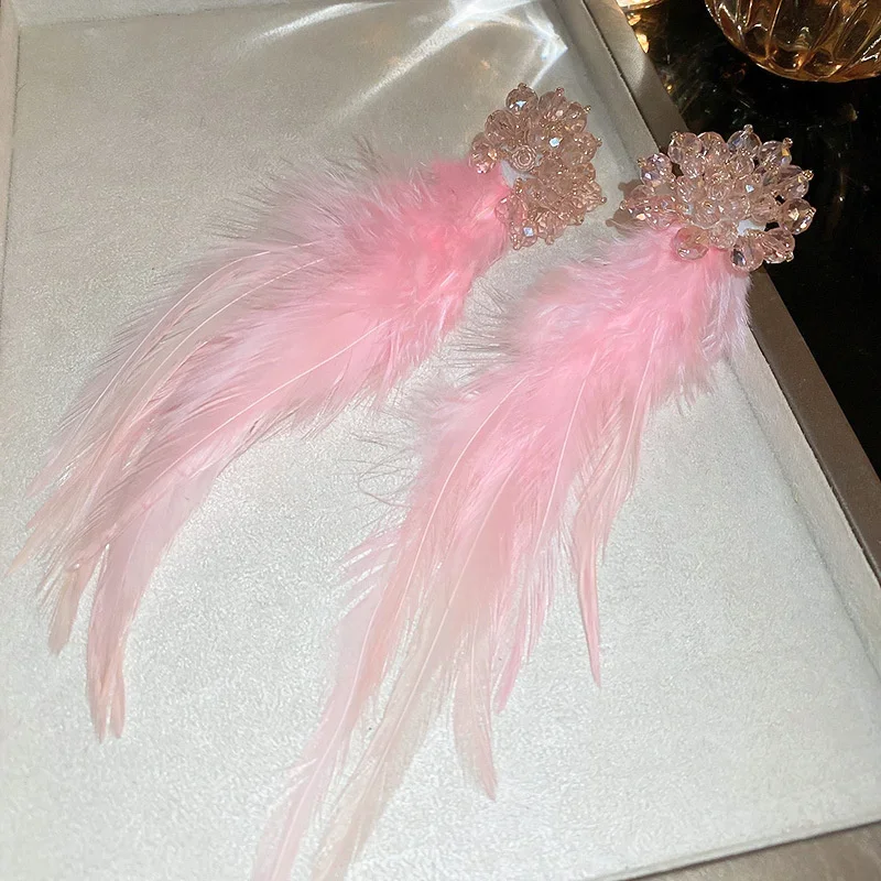Korean Style Crystal Flower Drop Earrings for Women Long Tassel Pink Feather Dangle Earrings Fashion Jewelry Accessories