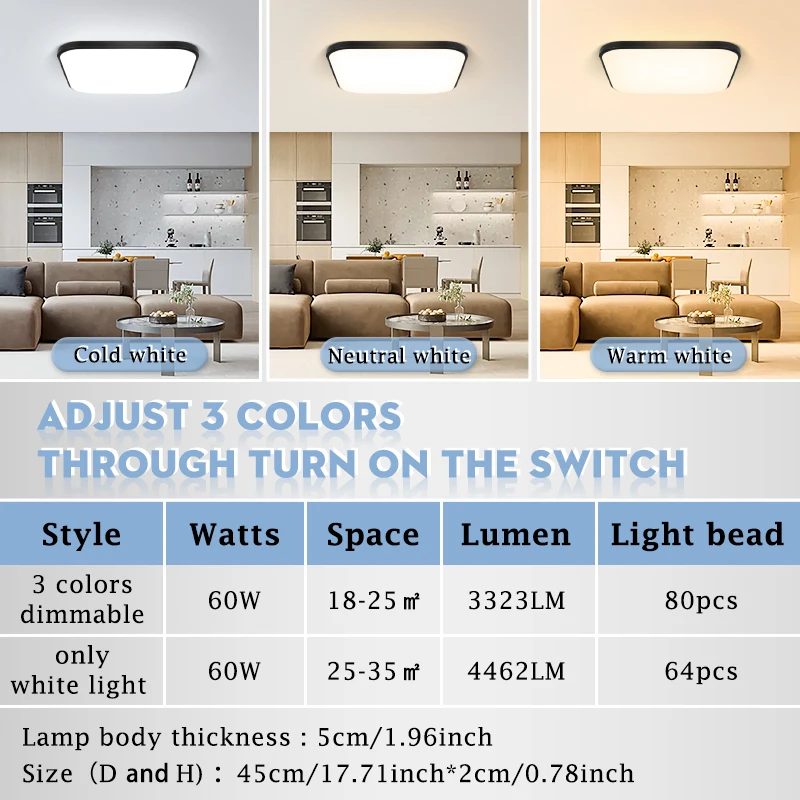 17.8inch Large Modern Ceiling Lamps LED Panel Square Ceiling Light For Living room Bedroom Kitchen Home Top Lamp 60W