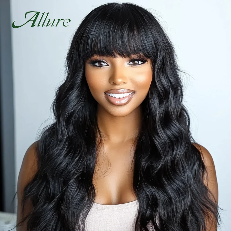 

Body Wave Human Hair Wig With Bangs Brazilian Loose Wave Hair Wigs For Women Natural Black Colored Hair Wig 22 inch Allure