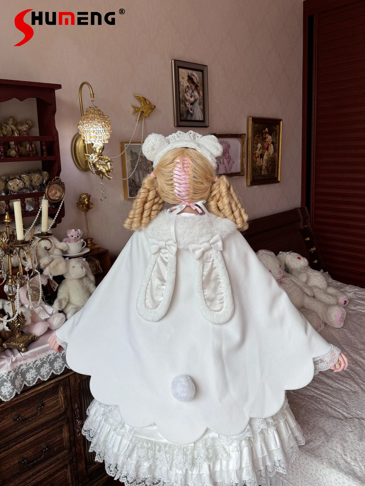 

Japanese Sweet Cute Plush Collar Bowknot Sleeveless Single-Breasted Loose Elegant Versatile Lolita Capes Jacket for Women Winter