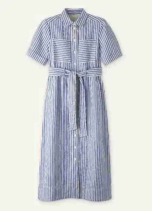Classic Striped Print Lapel Slim Fit Lace Up Waist Dress for Summer Women's Casual Simple A-Line Short Sleeved Shirt Dress