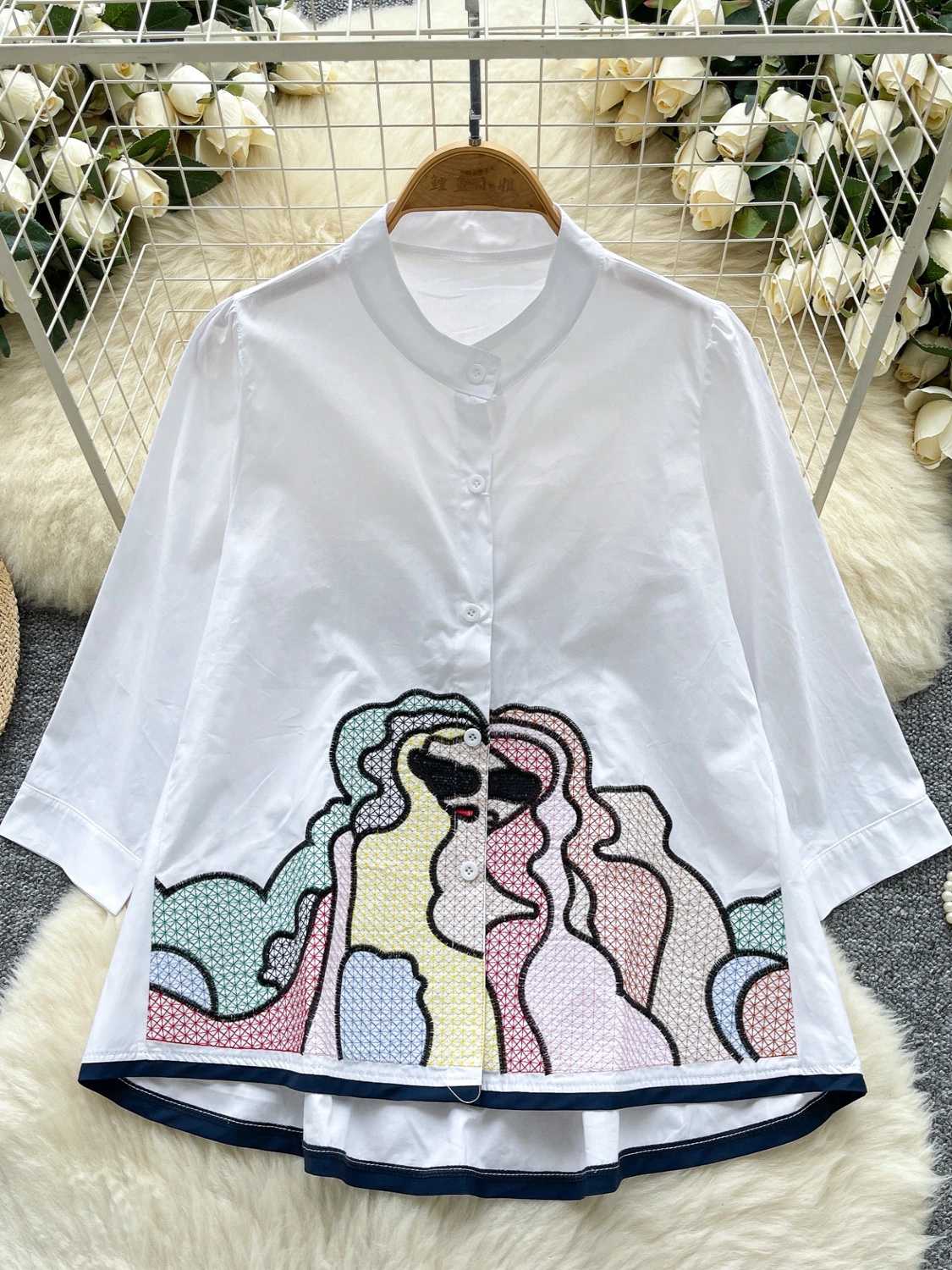 Csa Fena de Verão com Gola Alta e Bordado Pesado, Estilo Retrô Coreano, Manga Longa, Solta e Casual, Estilo Boneca, pa...