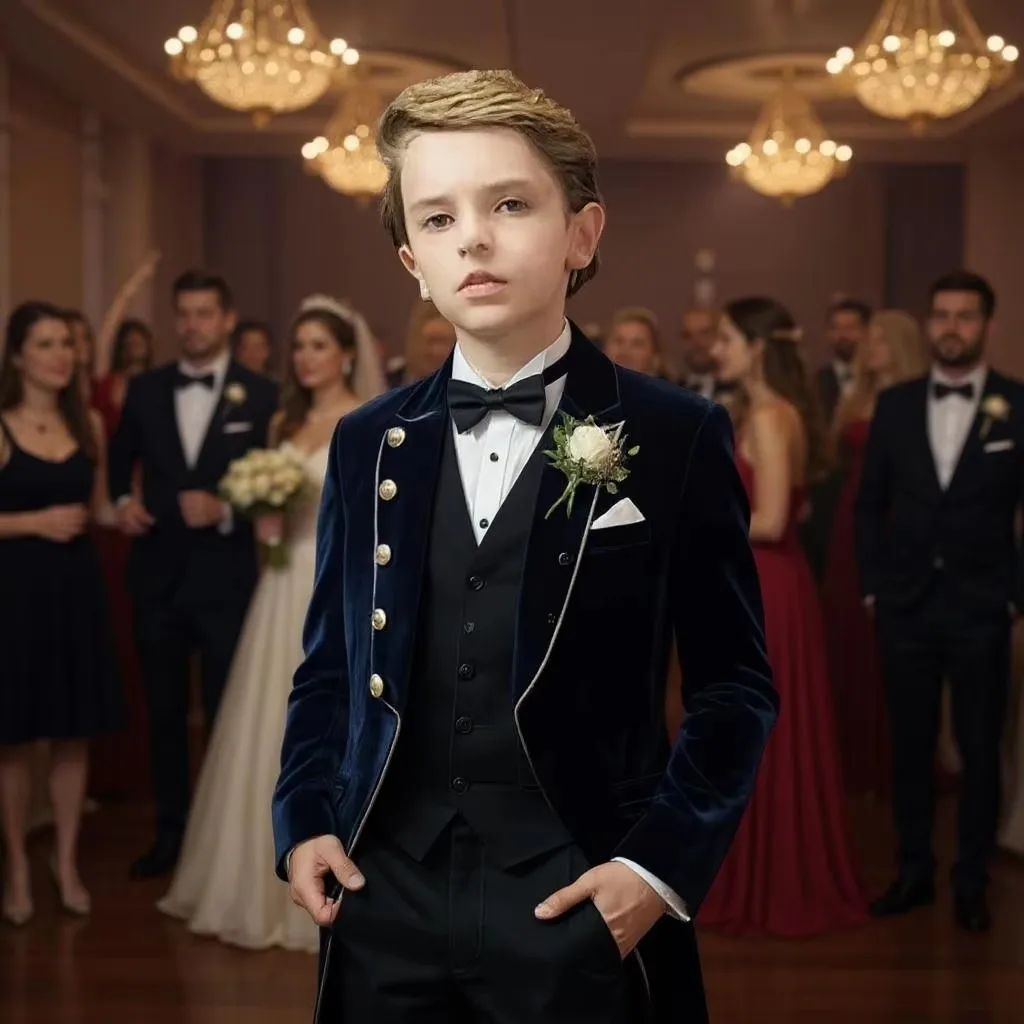 Navy Blue Velvet 3 Piece Boys Suits Formal Blazer Vest Pants Kids Tailcoat Elegant Performance Children Tuxedos for Party Prom