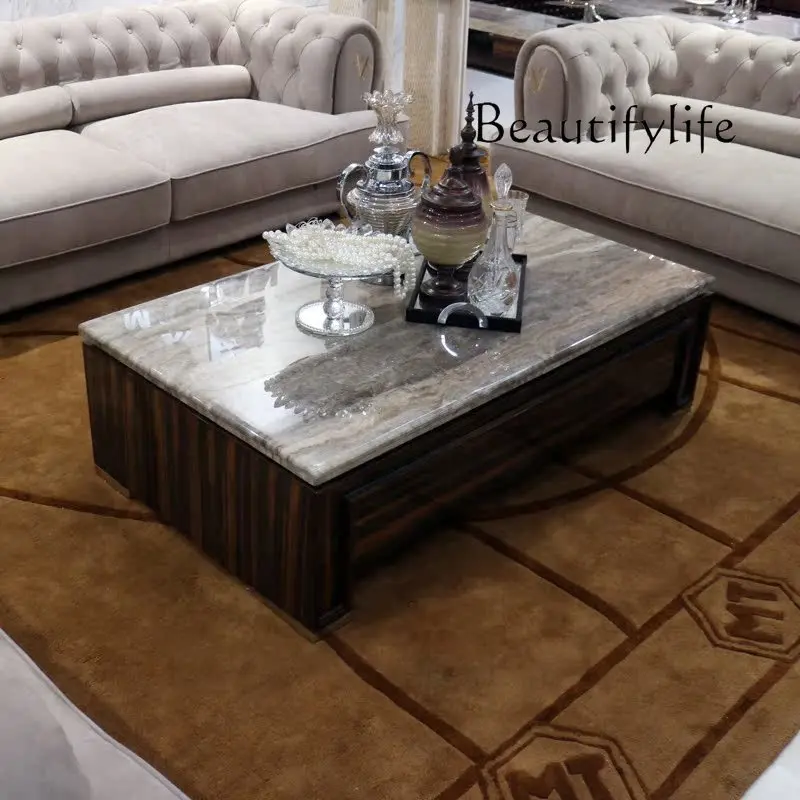 Natural gray hole stone coffee table TV cabinet Modern rectangular black sandalwood living room furniture can be customized