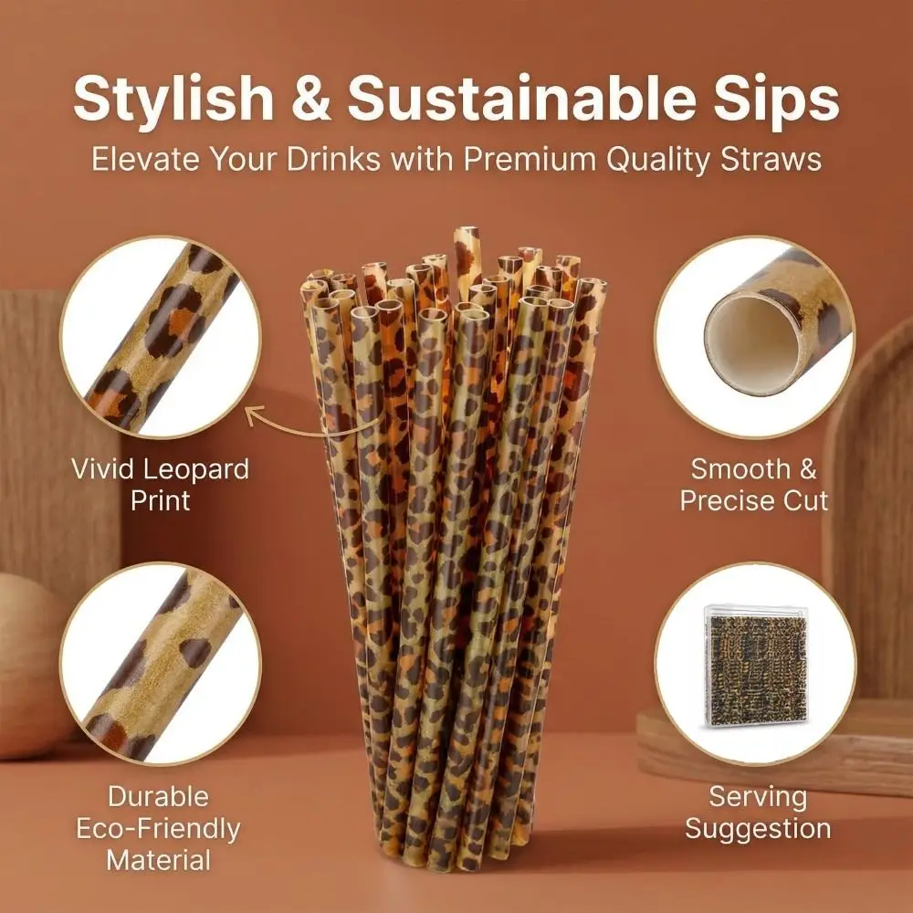 Trendy Leopard Print Drinking Straws Eco-Friendly Durable Animal Print Straws Reusable Plastic Drinking Straws Restaurants