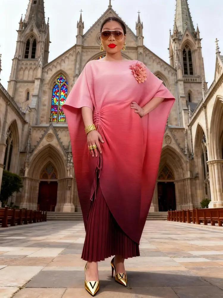 Miyake Pants Suit Plus-Size Set Miyake Top, Long Pants, Dress, Pleated Loose Fit, Gradient Irregular Floral Batwing Sleeves, Hot-Selling Wide-Leg Pants