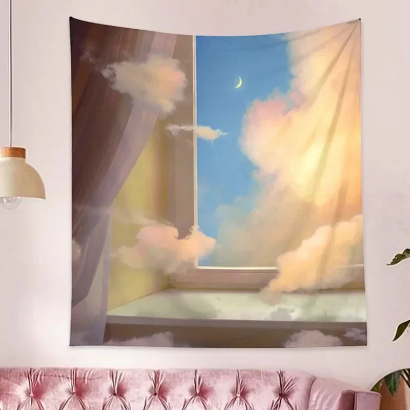 VIKAMA Window Ocean Sunset View Tapestry Wall Hanging, 6 Designs, Wall Decor for Bedroom Living Room Dorm