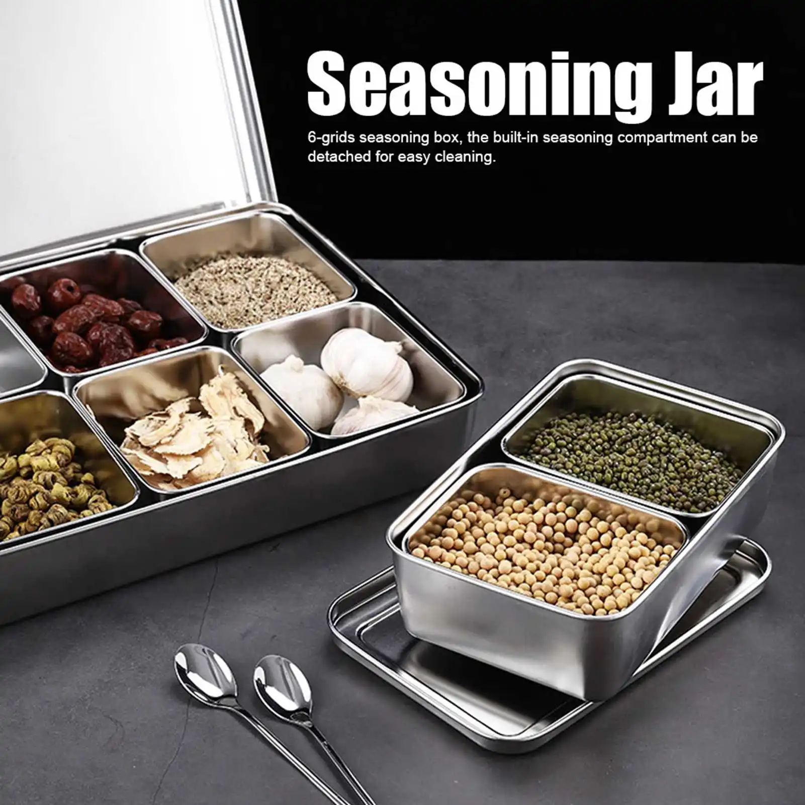 

Набор коробок для приправ из нержавеющей стали с 6 сетками и ложками, контейнеры для хранения приправ с герметичными крышками для кухонной столешницы