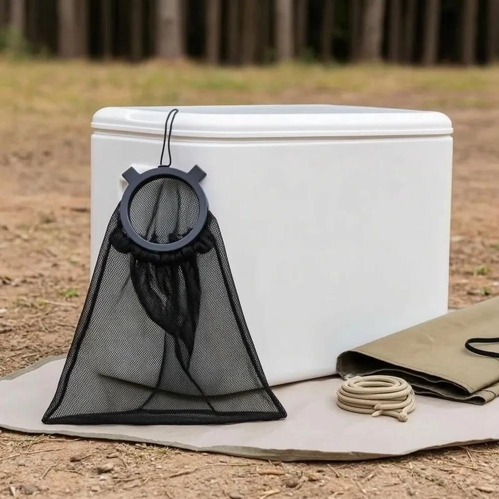 Nylon Mesh Hanging Trash Bag Drawstring Closure Clip-On Mesh Storage Pouch Breathable Collapsible Cooler Trash Attachment