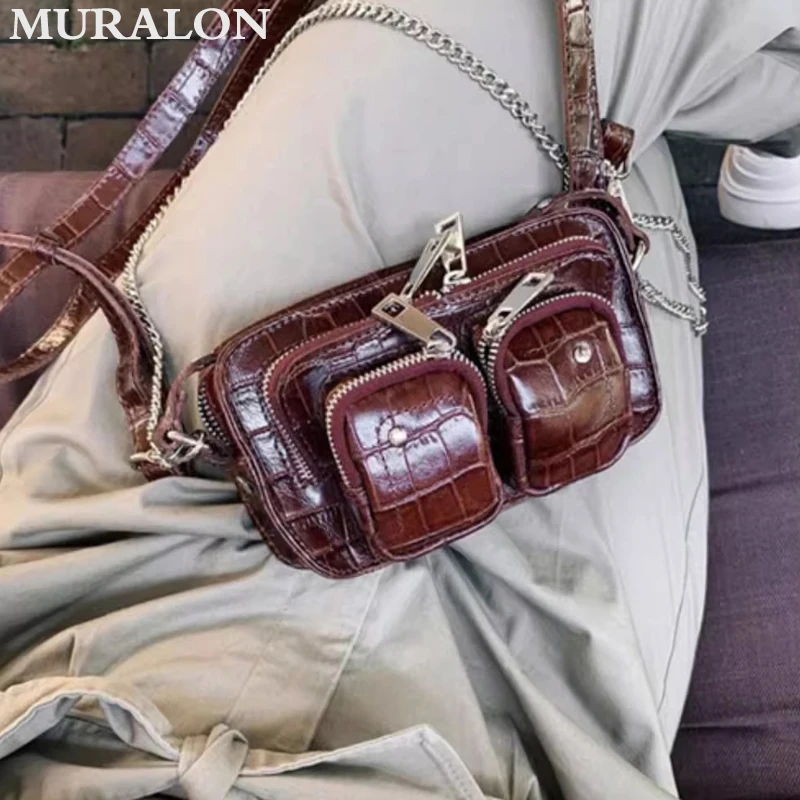 Ladies Punk Cool Crossbody Bag 2024 New Niche Chain Design Retro Motorcycle Bag Multi-pocketed Zip Shoulder Small Square Bag