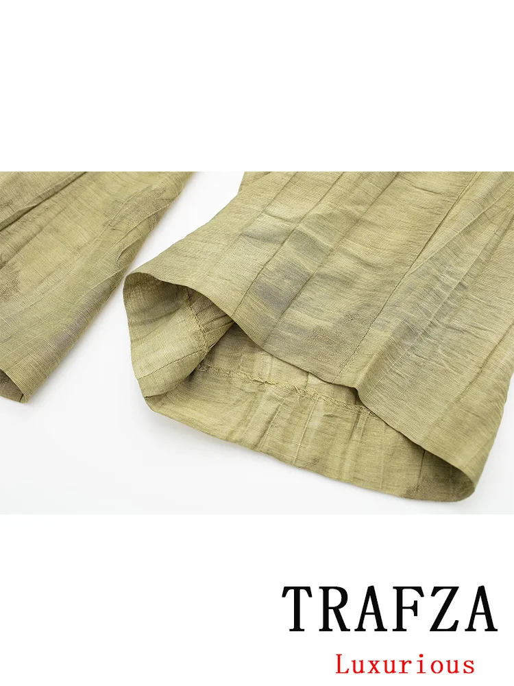 TRAFZA Vintage Green Embroidery Women Suit Single Breasted V Neck Shirts Loose Long Pants Fashion 2024 Spring Summer Sets