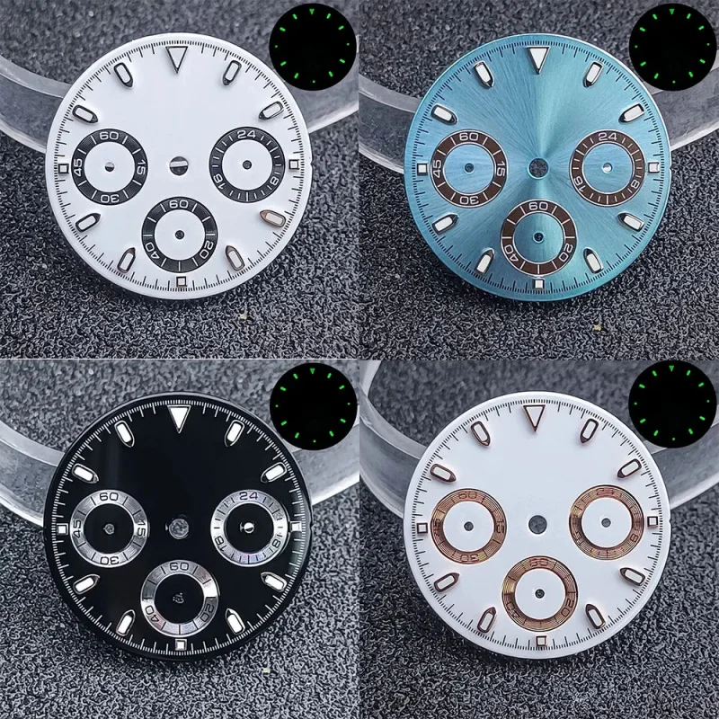 29mm dial daytona panda C3 green night light suitable VK63 quartz movement chronometer watch replacement six hands dial view 2