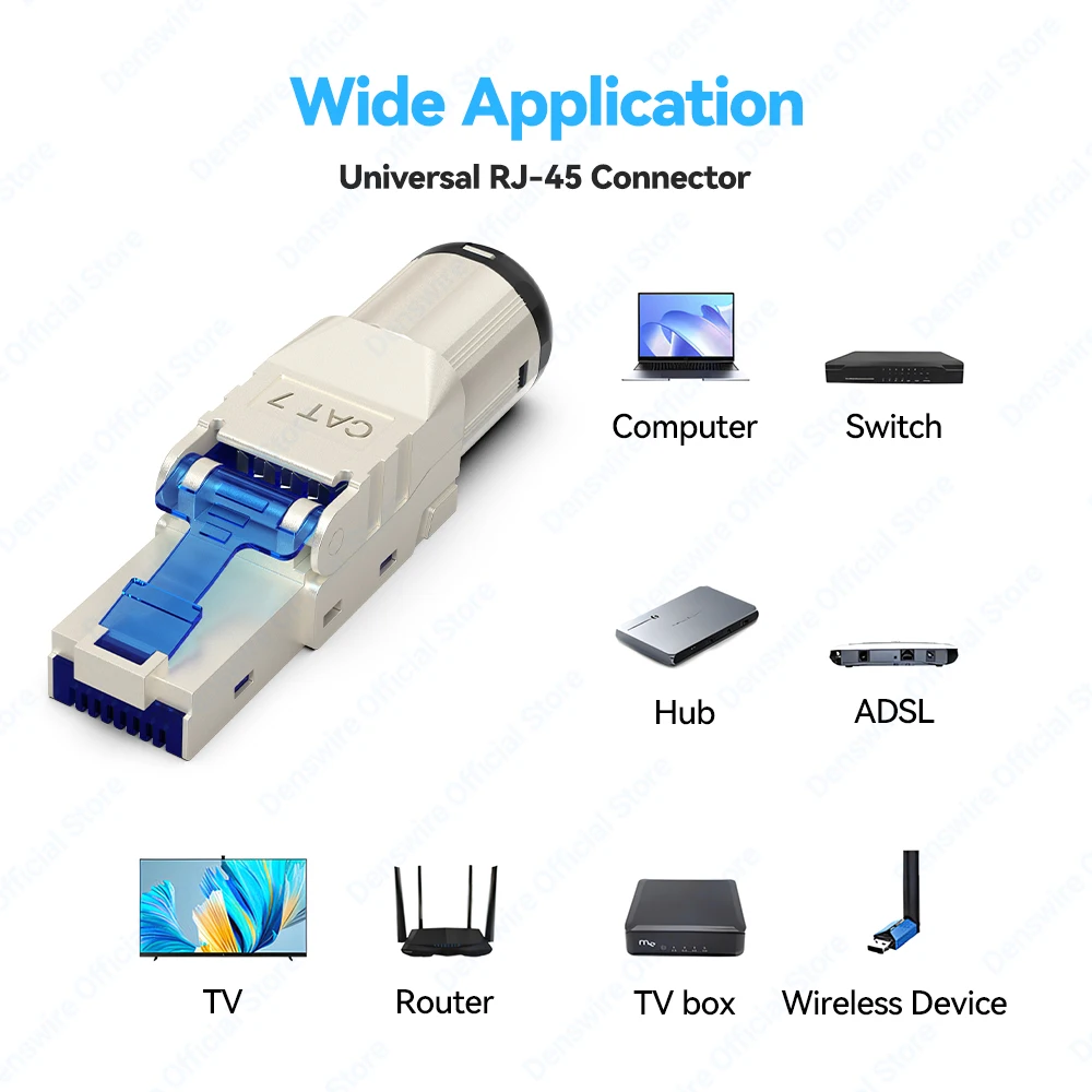 Denswire Werkzeugloser RJ45-Stecker |   STP-Ethernet-Stecker aus Zinklegierung für CAT8/Cat7/Cat6A-Kabel |   Vergoldete 10 Gbit/s und PoE-Unterstützung