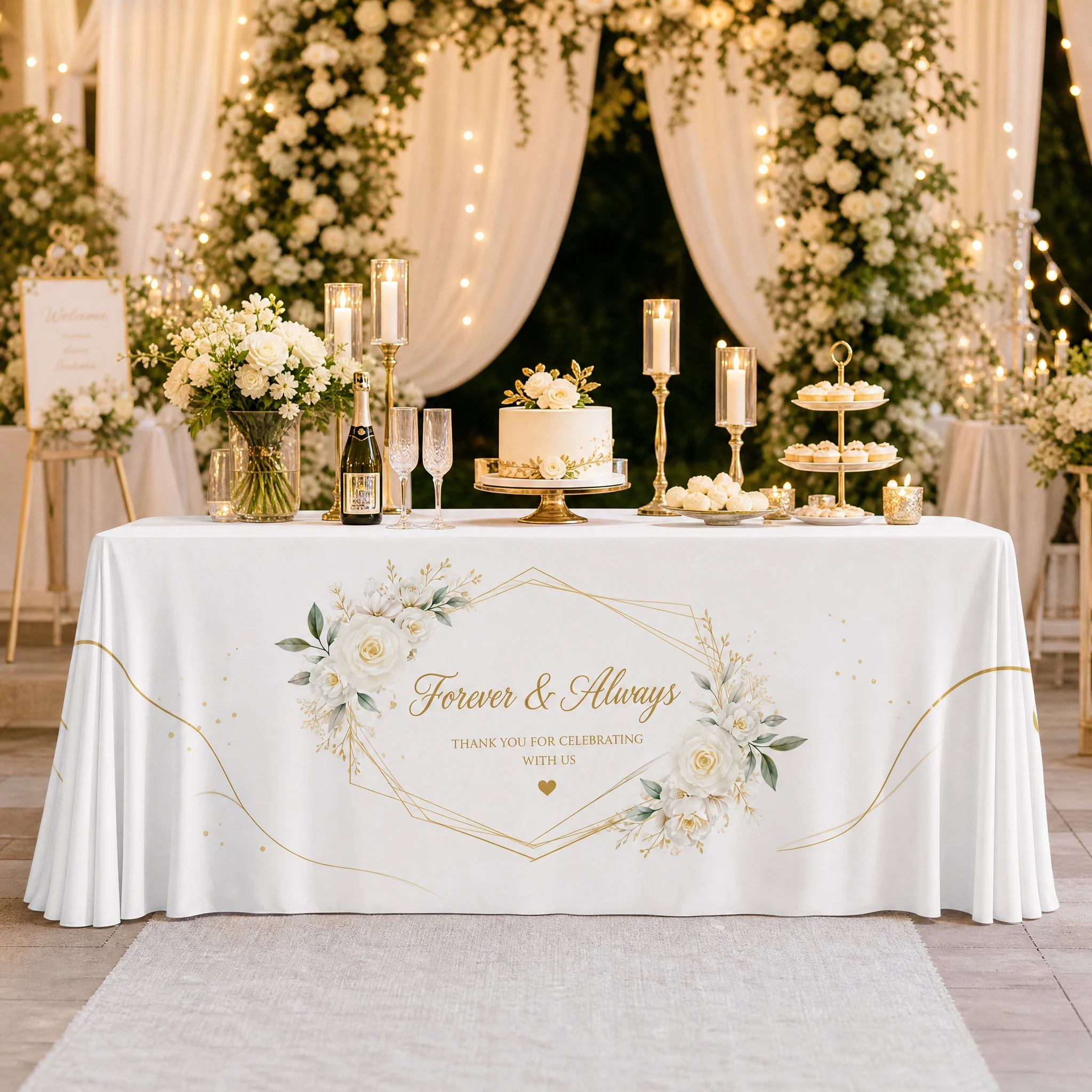 Personalized Wedding Tablecloth Custom Bride Groom Name Table Cover Floral Design Wedding Party Reception Decoration